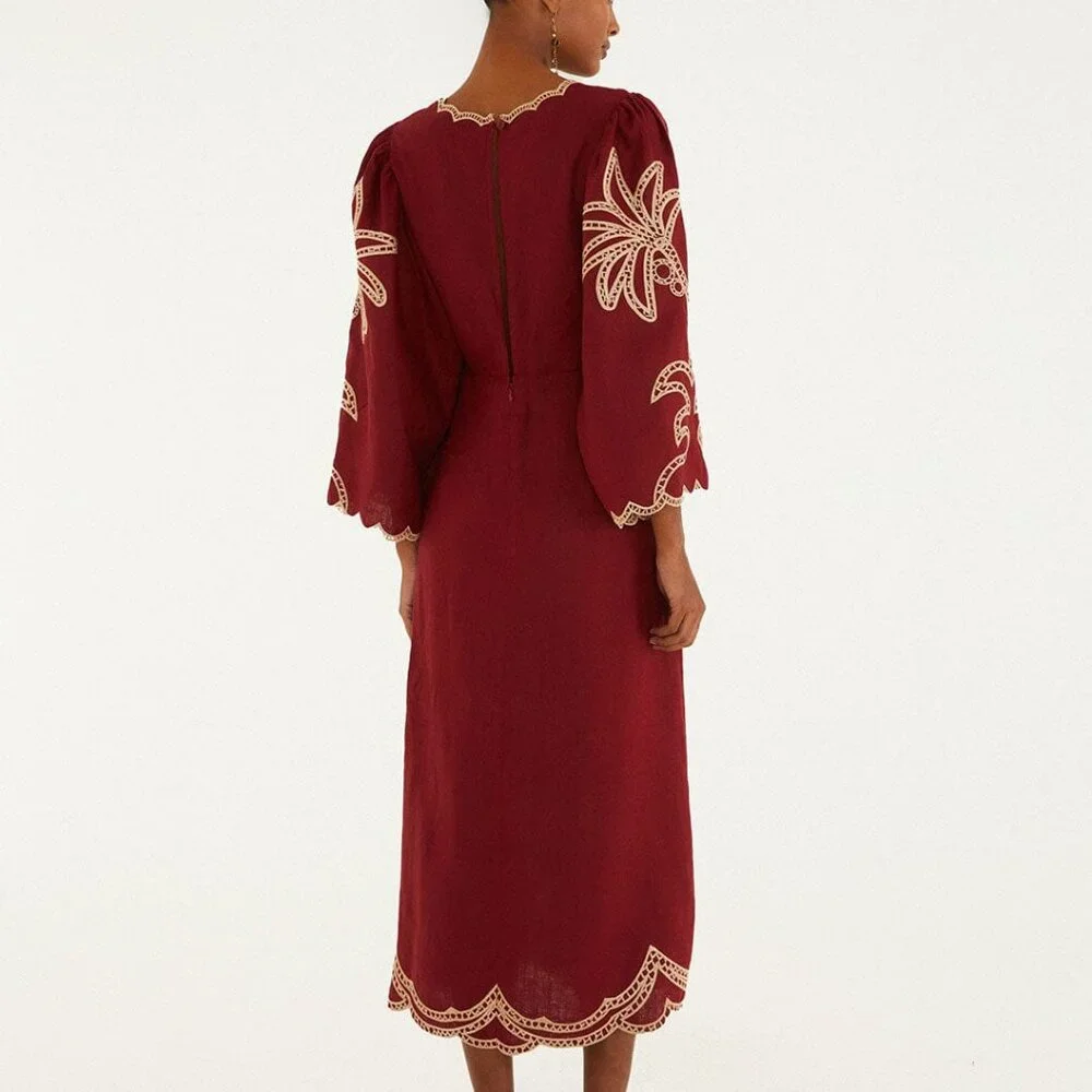 FARM Rio Red Artisanal Cut-out Embroidered Euroflax™ Premium Linen Maxi Dress - Picture 6 of 7